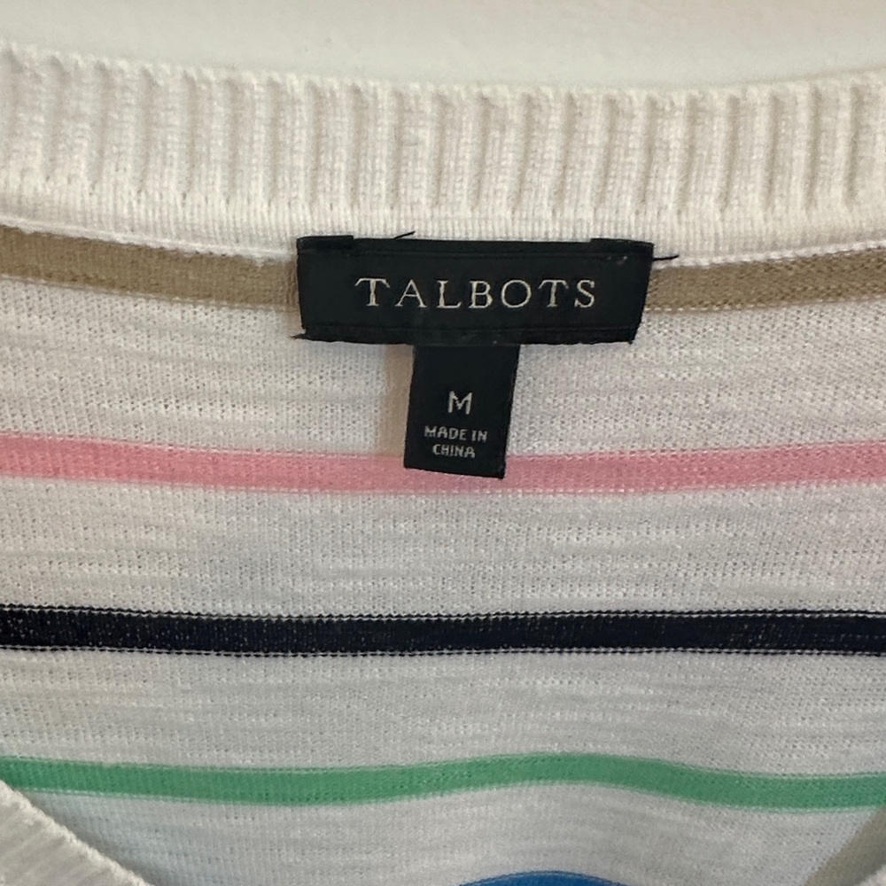 Talbots Multicolor Striped Knit V-neck Cotton Sweater Drop Sleeve Size Medium - Picture 2 of 8